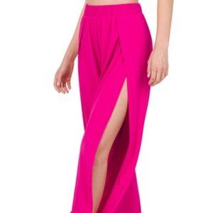 ZENANA WOMENS LARGE MAGENTA PINK SPLIT SIDE PANTS ELASTIC WAIST & ANKLE